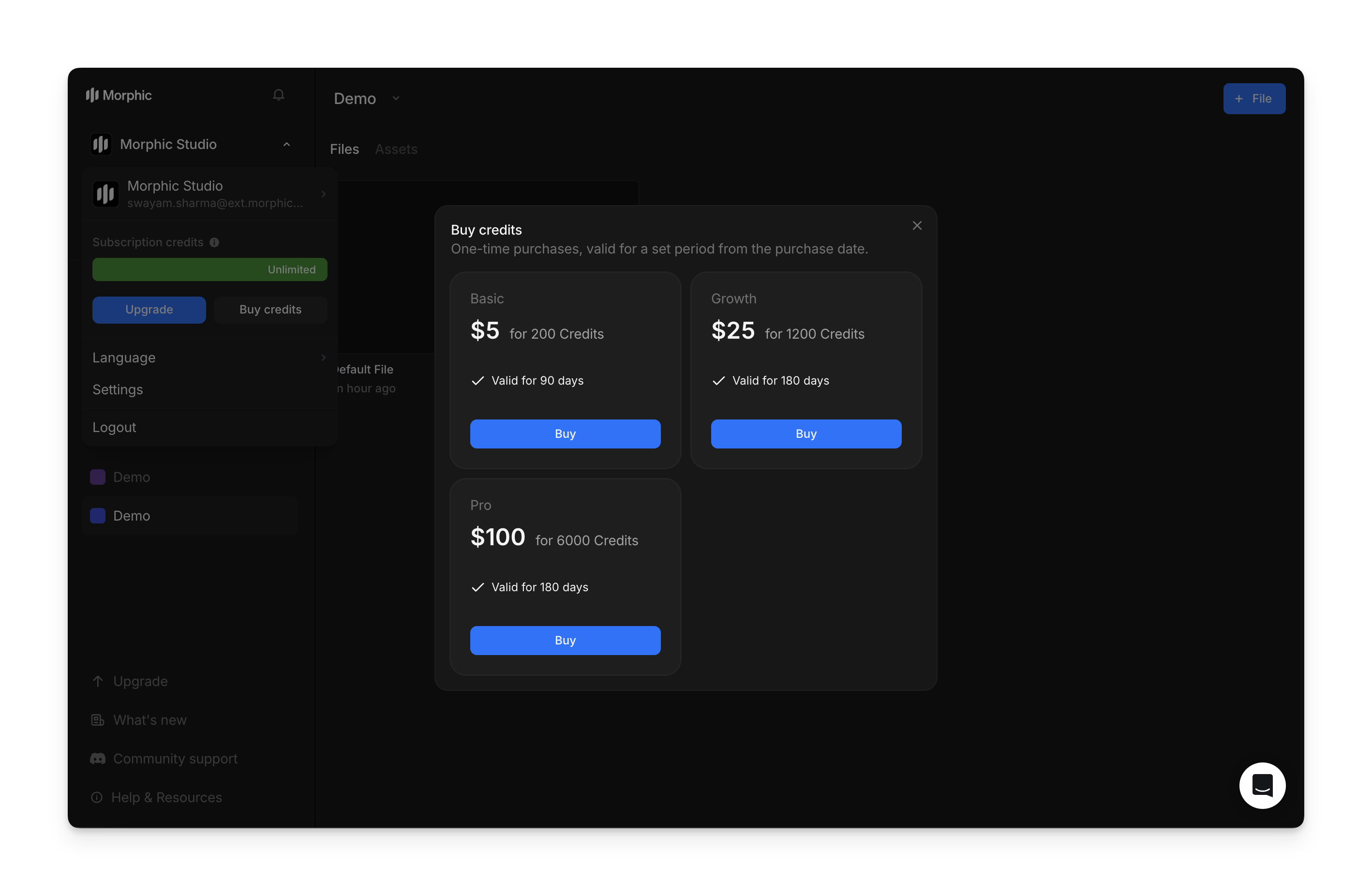 Buy credits interface